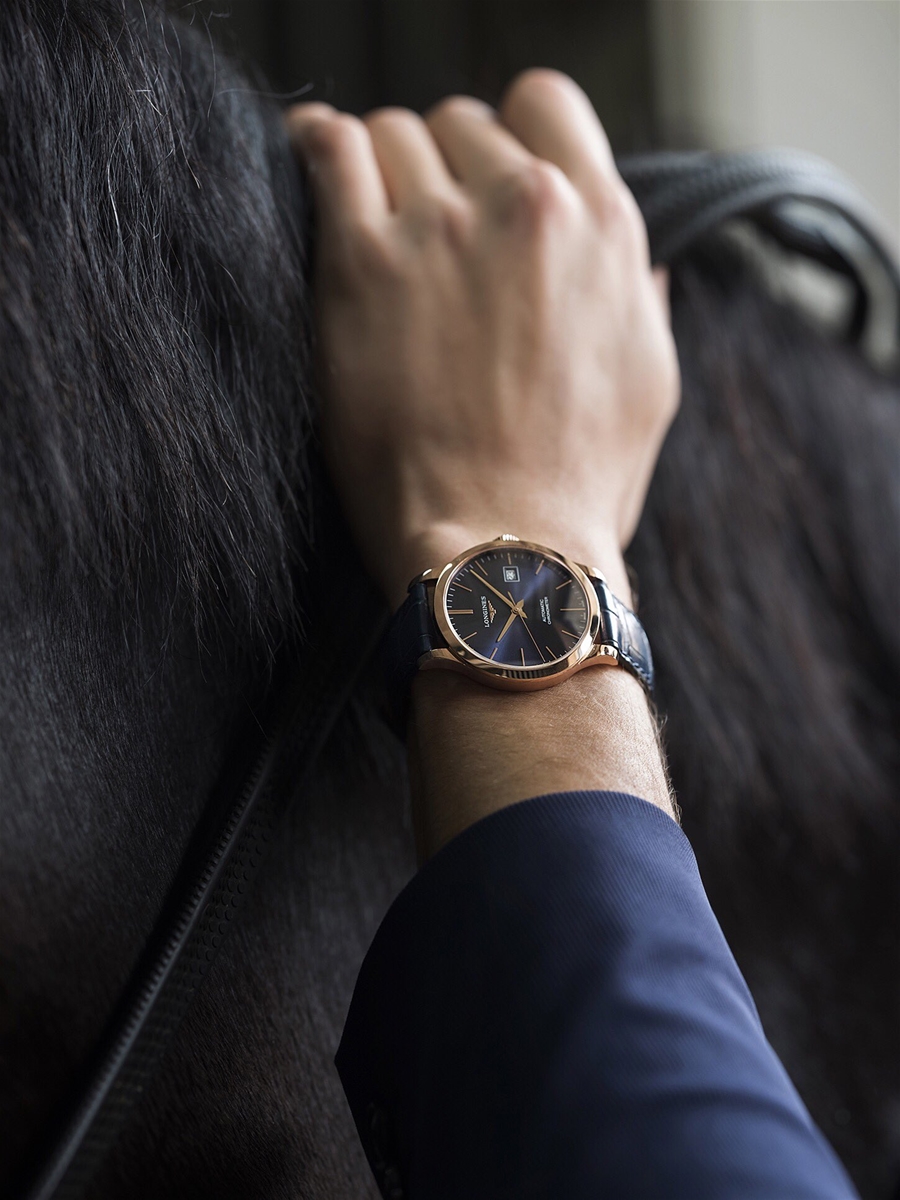 đồng hồ longines record rose-gold mặt số xanh dương